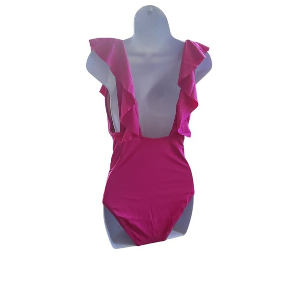 J. Crew Ruched Ruffled One-Piece Swimsuit Pink Size 10 Plunge Padded Scoop Back - Picture 3 of 8